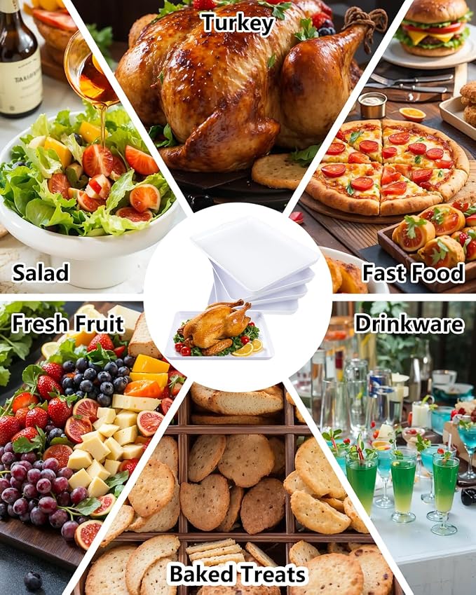 YOUBET 4PCS White Plastic Serving Trays for BBQ, Picnic, Party, Wedding | Plastic Trays for Serving Food - Super Strong Disposable Platters, Heavy Duty Plastic Trays