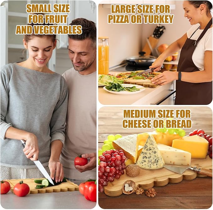 3 Pcs Bamboo Wood Scalloped Cutting Boards for Kitchen, Medium | Juice Groove, Blank Wood Charcuterie Tray, Snack Cheese, Appetizers Grazing Platter, Engraving Gift, Crafts Rustic Wall