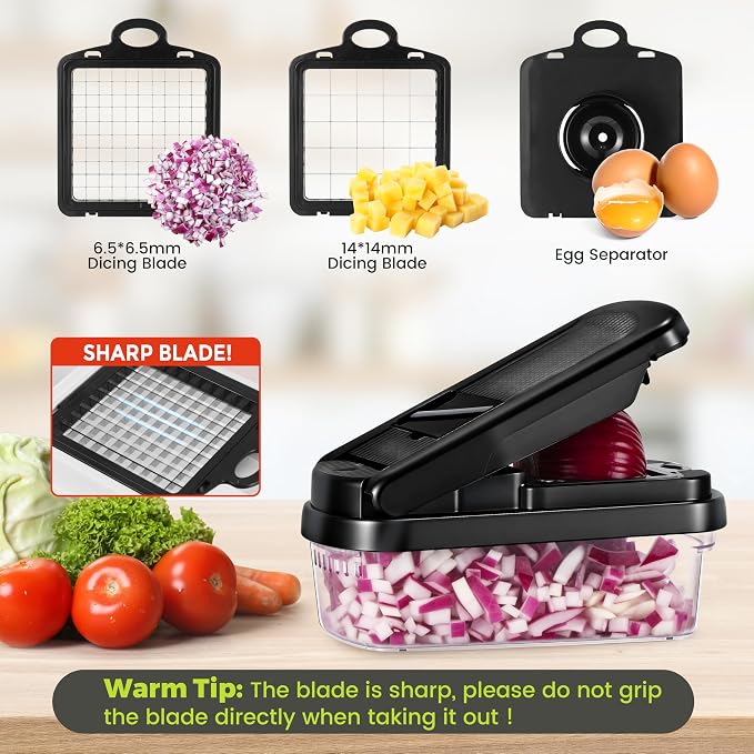 Yusshn Vegetable Chopper, 12-in-1 Food Veggie Chopper Cutter with Container | 7 Sharp Blades Dice, Slice, Shred and Grate for Salads, Onions and Meal Prep, with a Non-Slip Base and Drain Basket