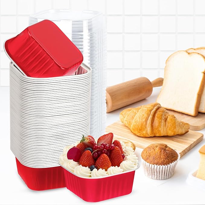 60Pack 5oz Christmas Mini Cake Pans with Lids Baking Cups Aluminum Foil Pans Tins, Individual Dessert Cups Containers for Sales,Party,Picnics Red