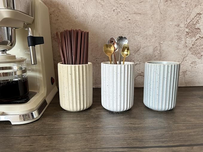 TOPYOKK Stoneware Coffee Bar Utensil Holder Tea & Coffee Spoon & Stirrer Holder for Stir Stick Straw Teaspoon Holder Espresso Spoon Cup Small Utensil Jar Fluted Vertical Stripe (Speckled White)