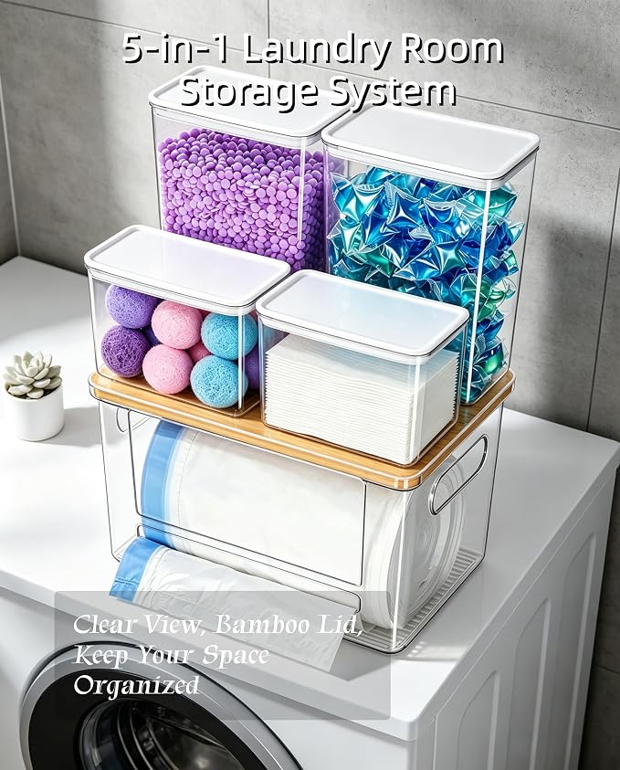 Trash Bag Holder & Under Sink Storage Organizer Set | Bamboo lid garbage bag dispenser fits 13/30/33gal bags; ideal under sink storage for kitchen pantry & laundry room