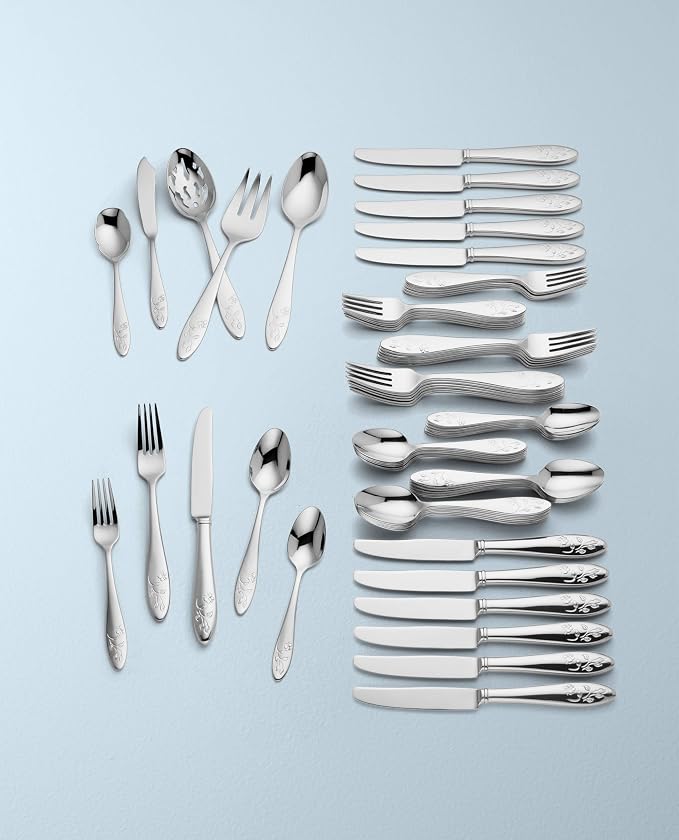 Lenox Butterfly Meadow 65-Piece 18/10 Silverware Set for 12, Flatware | silver, dishwasher safe | includes serving spoons and utensil set | heavy duty, cutlery set for kitchen and dining