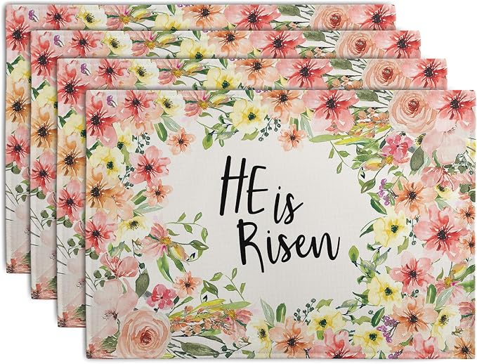 He is Risen Placemats Set of 4 Spring Easter Christian Cross Religious Flowers Kitchen Table Mats Seasonal Easter Holiday Linen Fabric Place Mat for Party Kitchen Dining Decoration