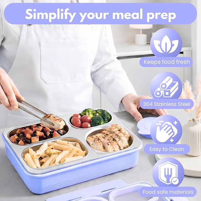 Homaze Kids Adults Stainless Steel Bento Box, 4-Compartment Metal Lunch Box