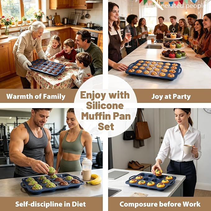 2 Pack Silicone Muffin Pan 12 & 24 with Frame Non Stick Cupcake Baking Tin | Silicone Mini Cupcake Pan with Handles, BPA Free Silicon Regular Muffin Tin Tray Small for Baking, Egg Bites Mold Vnray Grey