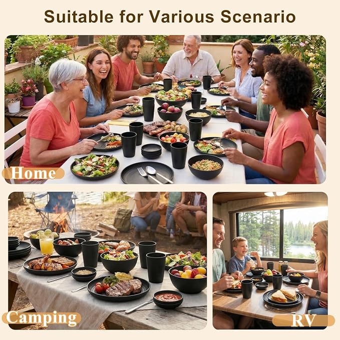 Plates and Bowls Sets for 8, Wheat Straw Dinnerware Sets 40 Piece, Unbreakable & Lightweight Dishes Set for 8, Microwave Safe Kitchen Dishes, Kitchen Essentials for New Apartment - Black
