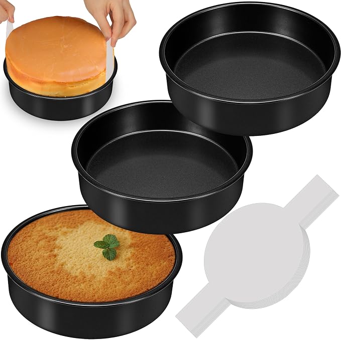 8 Inch Cake Pan, 3PCS Nonstick Baking Pans Set with 100PCS Parchment Paper | Cookie Cake Pan for Layer Cakes, Sturdy Round Cake Pans Sets for Baking for Birthday Christmas, Dishwasher Safe & Easy Clean