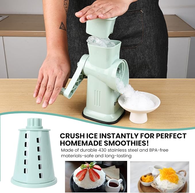 Rotary Cheese Grater with Hand Crank – 6-in-1 Cheese Shredder, 6 Stainless Steel Blades, Reinforced Suction Base, Grater for Cheese, Vegetables, Nuts