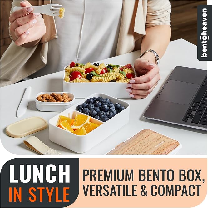 Bentoheaven Bento Box Adult, Stackable Lunch Box, 40 oz, Bright Light | BPA-free, leakproof and microwave-safe with 2 compartments, utensils, chopsticks, divider and sauce cup for men and women.