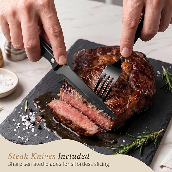 Hiware 48-Piece Black Silverware Set for 8, 18/10 Stainless Steel Flatware Cutlery Set with Forks, Knives, Spoons, Steak Knives, Durable and Elegant Design Utensils Tableware - Dishwasher Safe
