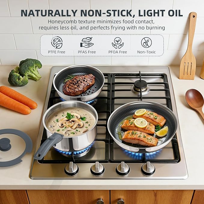 6-Piece Hybrid Stainless Steel Pots and Pans Set Non Stick, Tri-Ply Stainless Steel Cookware Set with Lids and Detachable Handle, PFOA Free Kitchen Skillet for All Cooktops, Dishwasher Safe