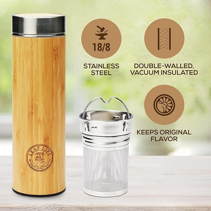 LeafLife Premium Bamboo Tea Tumbler with Infuser for Loose Leaf Tea | Insulated Coffee Bottle, Stainless Steel Gift Set, Leakproof Travel Mug, 22oz