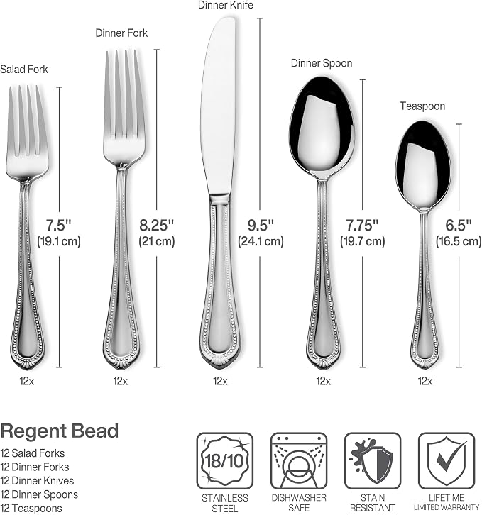 Mikasa Regent Bead 65-Piece Flatware Set for 12, 18/10 Stainless Steel Silverware with Beaded Teardrop Handles, Includes Serving Utensils, Dishwasher Safe (Pack of 2)