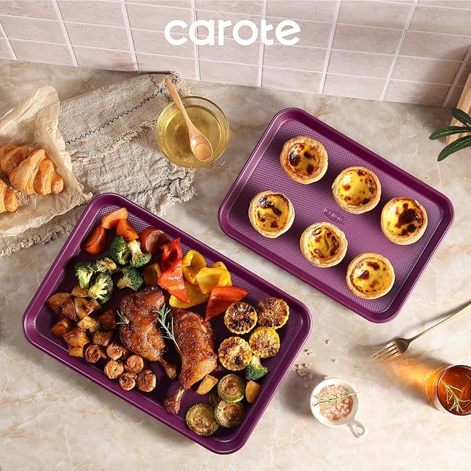 CAROTE 3-Piece Baking Sheet, Nonstick Cookie Sheets, Royal Violet | 13, 15 & 17-Inch, Carbon Steel Baking Pans Set, Easy-Release, Oven Safe Up to 446°F, Even Heating, PFAS-Free, Space-Saving