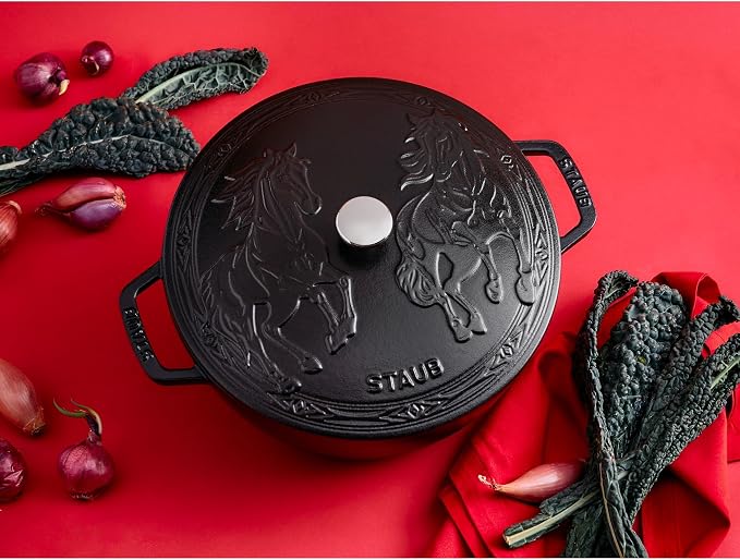 Staub Cast Iron Essential French Oven, Dutch Oven, 5-quart, serves 5-6, Made in France, with Horse Lid - Matte Black