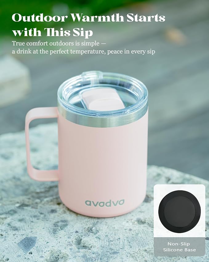 12oz Insulated Coffee Mug with Lid – Includes Two Lids, Stainless Steel Coffee Travel Mug with Handle, Double Wall Vacuum Insulated Camping Mug for Home, Office & Outdoor, Light Pink
