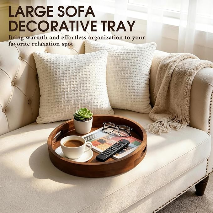 Extra Large Ottoman Tray, 16" Round Black Walnut Wood Serving Tray | Farmhouse Wooden Decorative Tray with Handles, Oversized Coffee Table Tray, Serving Platter Tray for Living Room, Countertop