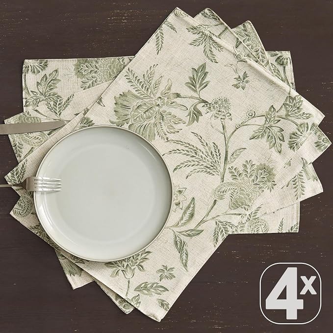 JINCHAN Sliva Linen Floral Placemats Set of 4 Farmhouse 13x19 Sage Green | Fabric Placemats, Cottage Style, Painterly Floral Pattern, Machine Washable, Easy to Store, Reusable