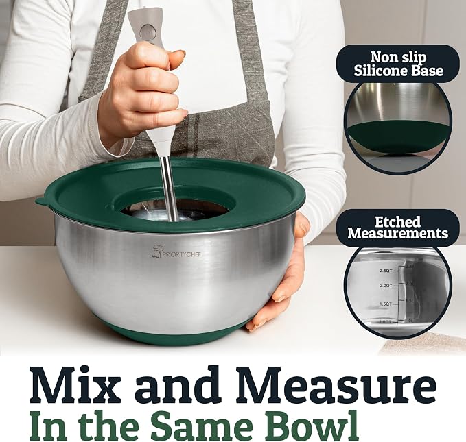 Stainless Steel Mixing Bowls with Lids Set, 3 Grater Attachments, Airtight Lids, Non-Slip Silicone Base Mixing Bowl Set, Large Prep Metal Mixing Bowls for Kitchen, Green