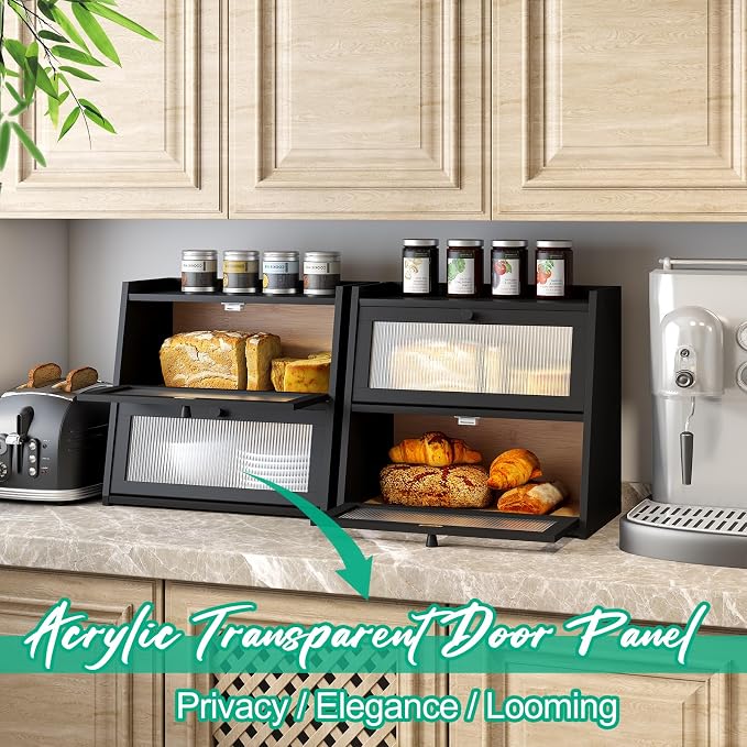 kiplant Large Black Bread Box, Double-Layer Bread Box for Kitchen Counter, Bamboo Bread Storage Container with Wavy Acrylic Transparent Door