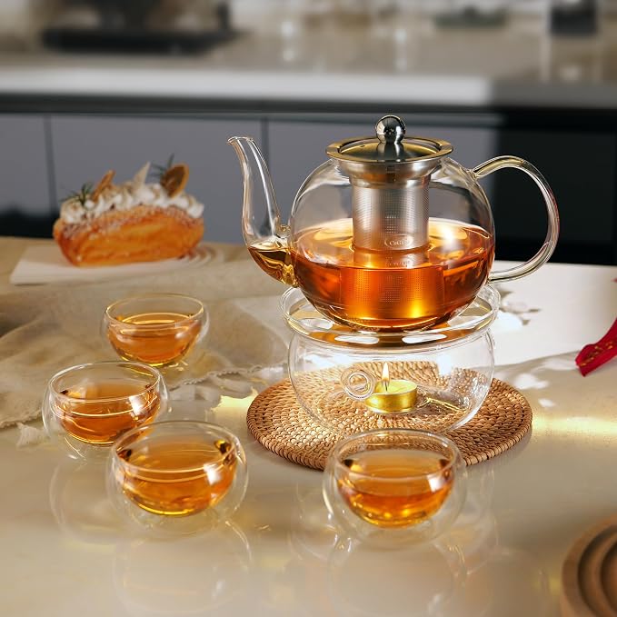CNGLASS 40oz Glass Teapot with Removable Infuser,Clear Tea Kettle Stovetop Safe,Blooming and Loose Leaf Tea Maker Set
