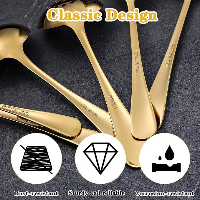 17pcs Gold Serving Utensils Set,Stainless Steel Large Serving Spoons,Slotted Spoon,Fork,Tongs,Cake Pie Server,Soup Spoon,Metal Buffet Banquet Cutlery for Parties Weeding Birthday Entertaining Catering