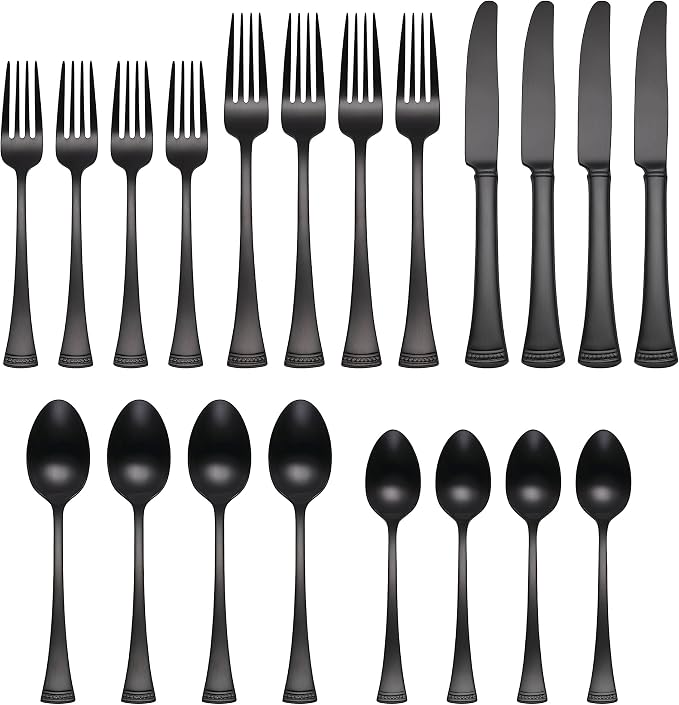 Lenox Portola Black Satin 20-Piece Silverware Set for 4, Flatware | black, dishwasher safe | includes knives, forks, and spoons | heavy duty, cutlery set for kitchen and dining, utensil set