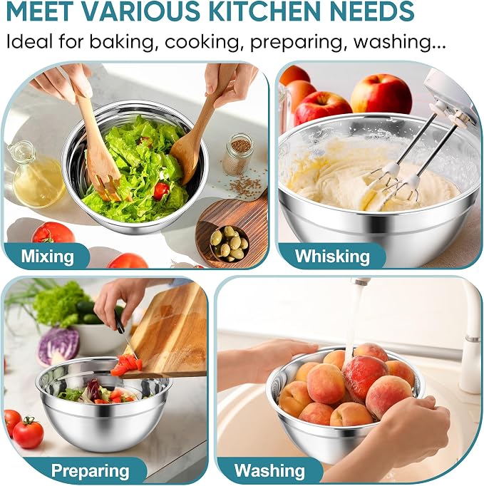 TeamFar Mixing Bowls, 3PCS Stainless Steel Serving Salad Bowls | with Lids & 3 Graters for Kitchen Mixing/Baking/Storing/Prepping, Visible & Airtight, Easy Clean - 4.5/3/1.5 QT, Dark Blue
