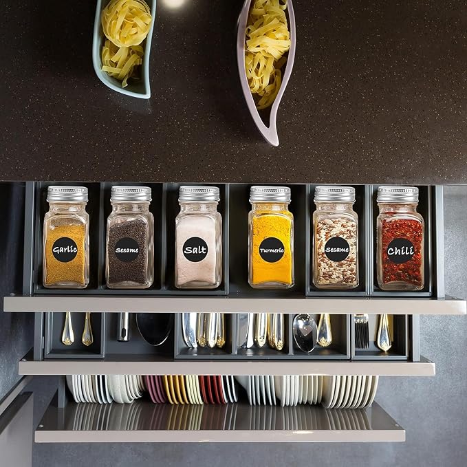 RoyalHouse 24 Pcs Glass Spice Jars/Bottles - 4oz Empty Square Spice Containers with Spice Labels and Airtight Metal Caps with Shaker Lids