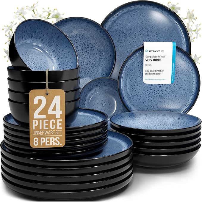 24 Piece Stoneware Dinnerware Set for 8, Handmade Plates and Bowls Set | Reactive Glaze Coating, Dishwasher & Microwave Safe Dish Set, Chip & Scratch Resistant Dishware Set, Dark & Deep Blue