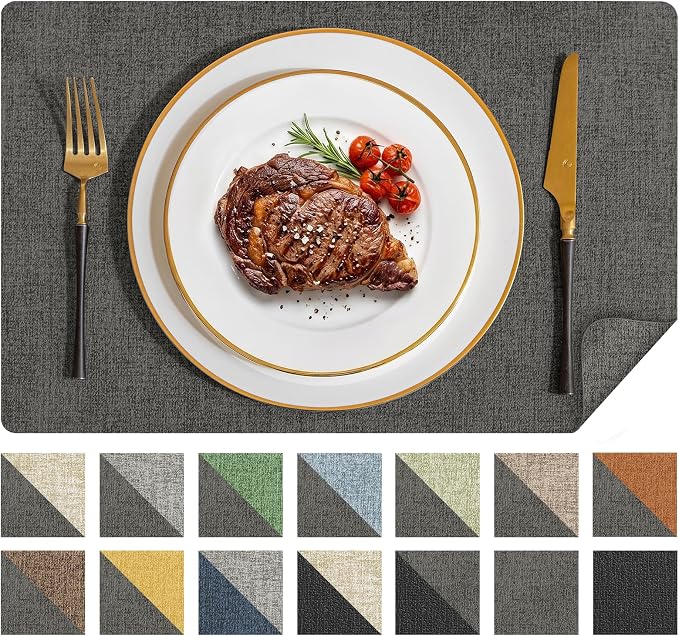 Romanstile Vinyl Placemats Set of 6, Reversible Faux Leather Heat Resistant Wipeable Table Mats, Waterproof Washable Non-Slip Table Placemats for Dining/Kitchen/Party/Outdoor (Dark Gray, 12" x 17")
