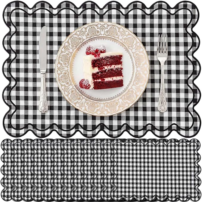 Linen Placemats Set of 12 Scalloped Placemat 13 X19 Wavy Embroidery Double Layered Washable Farmhouse Dinner Fabric Table Mat Napkin for Wedding Party Restaurant(Plaid,Black and White)