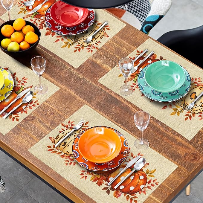 Fall Pumpkins Placemats Set of 4 18x12 Inch Autumn Thankful Linen Place Mats Heat-Resistant Washable Wipeable Thanksgiving Season Holiday Table Mat for Party Kitchen Dining Room Dinner Table Decor