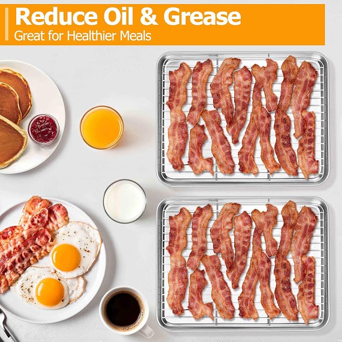 Homikit Quarter Sheet Pan with Rack Set for Toaster Oven (2 Sheets+2 Racks) | 12x10 Inch Stainless Steel Baking Sheets & Wire Cooling Grids, Small Cookie Pans Non Toxic, Metal Bacon Tray, Dishwasher Safe
