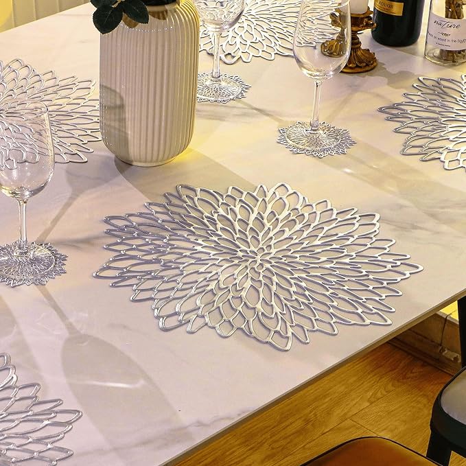 Snowkingdom 18 Pack Silver Placemats Metallic Glitter Vinyl Dinning Table Mats, Decorative Round Leaf Charger Bulk for Winter Thanksgiving Christmas Party Holiday Festive