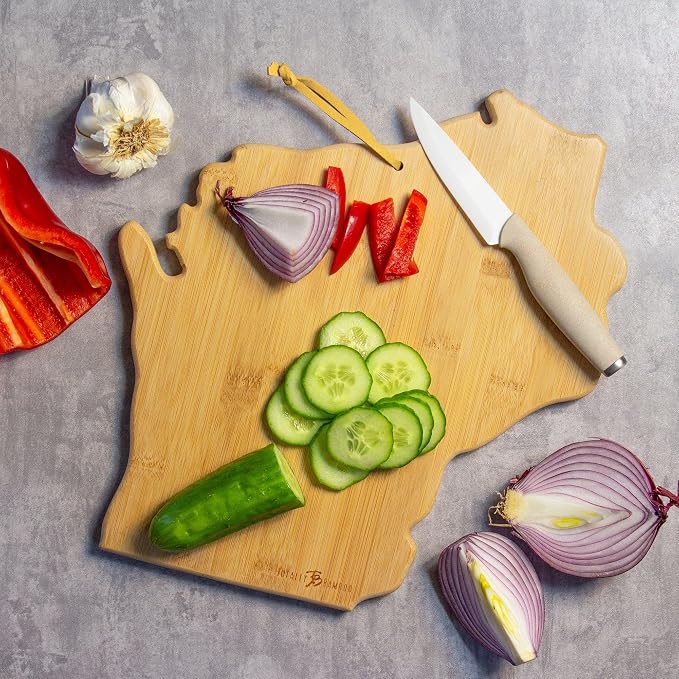 Totally Bamboo Wisconsin State Shaped Cutting Board, Art by Fish Kiss | State charcuterie board with colorful hand-drawn map artwork. Smooth reverse side for food prep. Hang tie for wall display.
