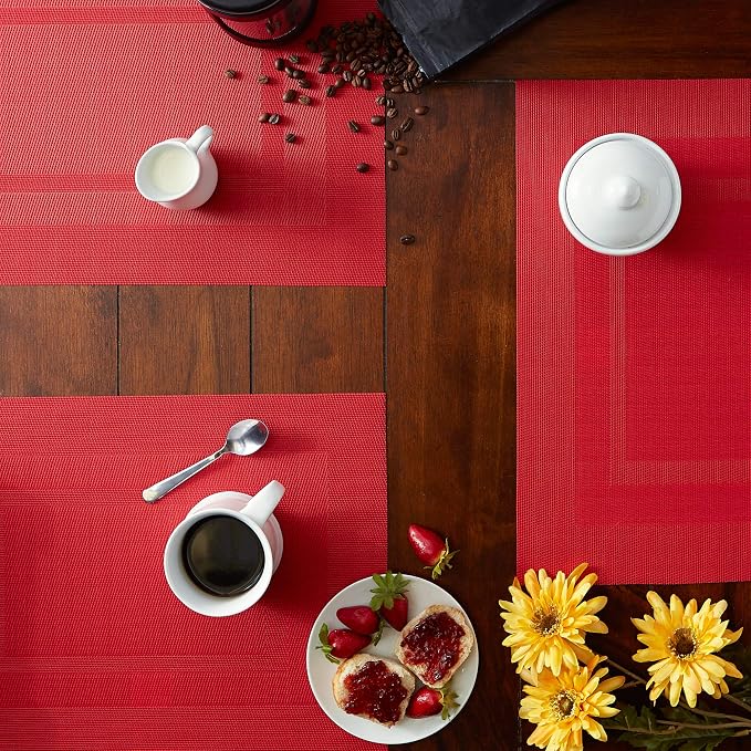 DII PVC Tabletop Collection Woven Indoor/Outdoor, Placemat Set, 13x17.25, Tango Red, 6 Piece