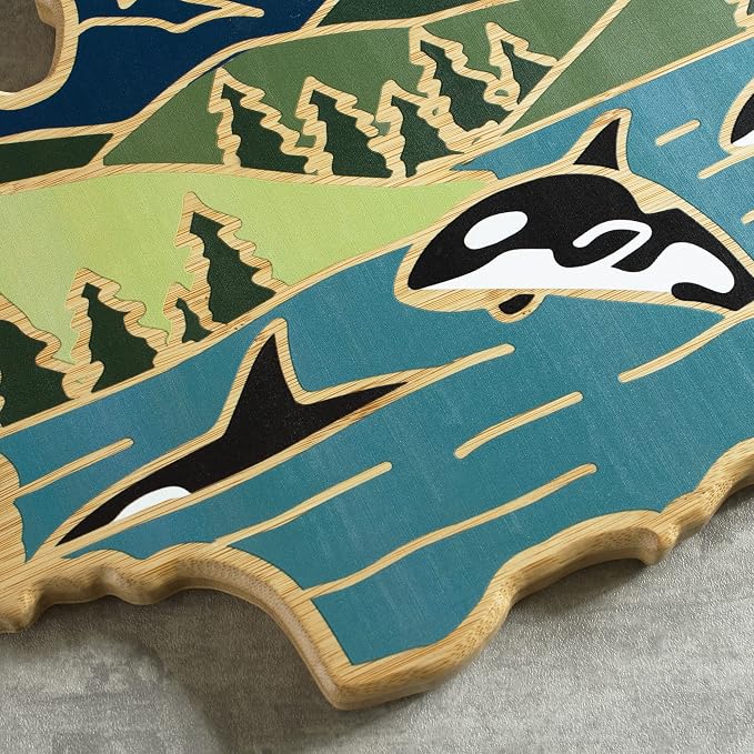 Totally Bamboo Washington State Shaped Cutting Board, Summer Stokes Art | State charcuterie board with colorful hand-drawn landscape art. Smooth reverse side for food prep. Hang tie for wall display.