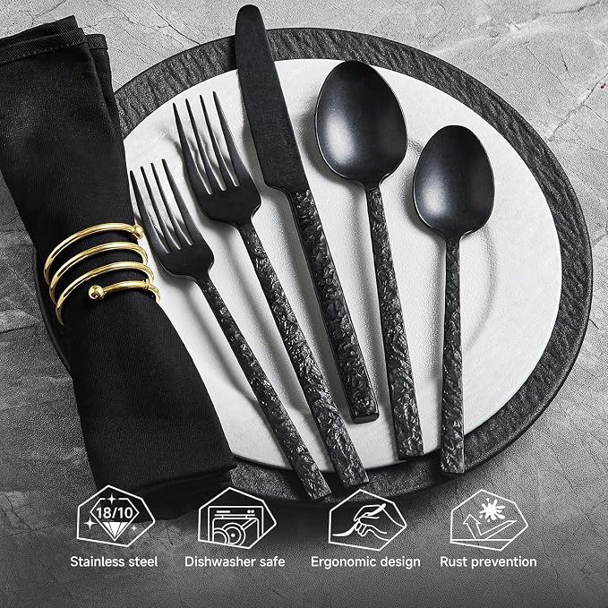 60 Pcs Black Hammered Silverware Set for 12, 18/10 Stainless Steel Heavy Duty Flatware Set, Tableware Cutlery Utensil Sets for Home Restaurant Dishwasher Safe
