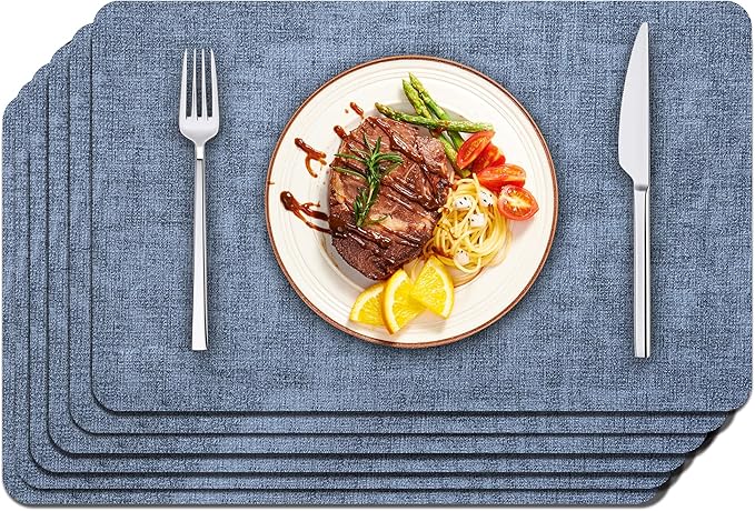 Maxpearl Faux Leather Placemats Set of 6, Easy to Clean, Blue | Waterproof - Heat Resistant - Non Slip - Wipe Clean Dining Table Place Mats, Suitable for Indoor & Outdoor Use, 17''×12''