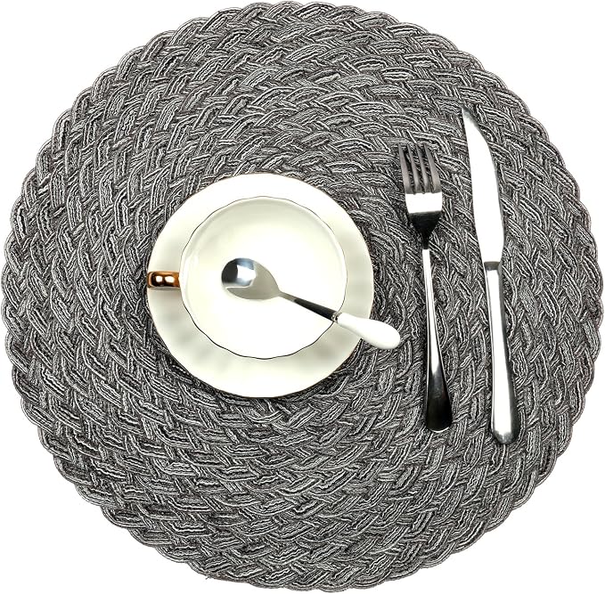 Topotdor Round Placemats Heat-Resistant Stain Resistant Anti-Skid Washable Polyproplene Table Mats Placemats (Braided-Gray, Set of 4)