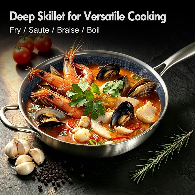 BRASA Nonstick Deep Frying pan with lid,10.24in/3QT,Stainless Steel Saute Pan,nonstick Cookware,Compatible Gas,Electric & Induction,Dishwasher safe PFOA Free(10.24in+5.9in trivet) Long Handle