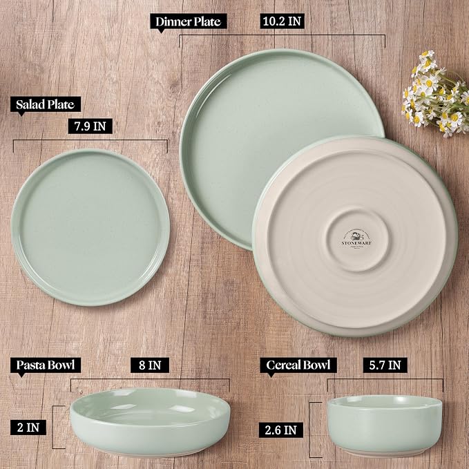 HaWare 16-Piece Plates and Bowls Set for 4, Stoneware Dinnerware Sets with Pasta Bowl, Dishes Set for Home Restaurant, Speckled Asparagus Green