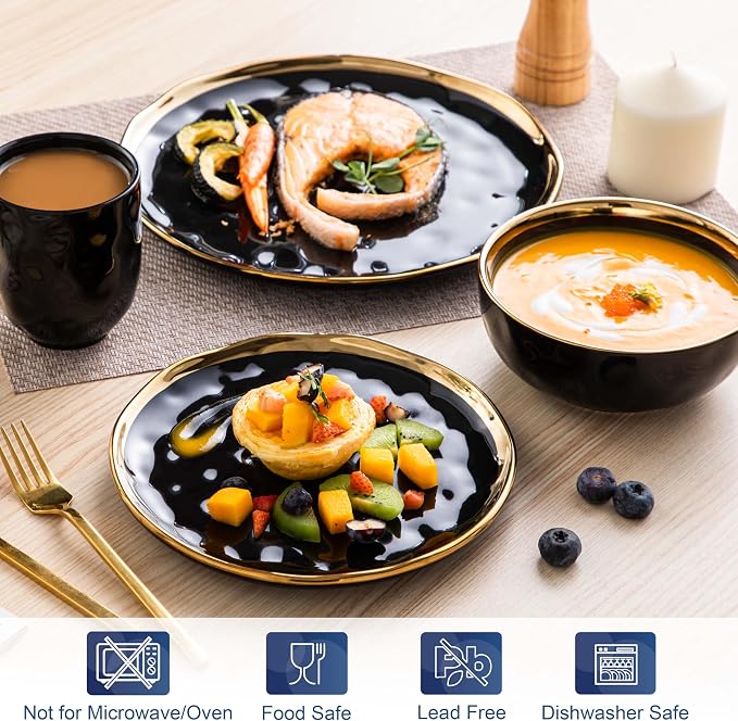 LOVECASA 16 Pieces Plates and Bowls Sets, Porcelain Black and Gold Dinnerware Sets, Round Dinner Plates Dishes Set Service for 4, Dishwasher Safe and Scratch Resistant, Black