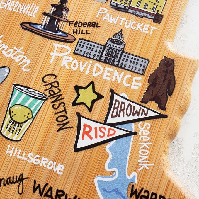 Totally Bamboo Rhode Island State Shaped Cutting Board, Art by Fish Kiss | State charcuterie board with colorful hand-drawn map artwork. Smooth reverse side for food prep. Hang tie for wall display.