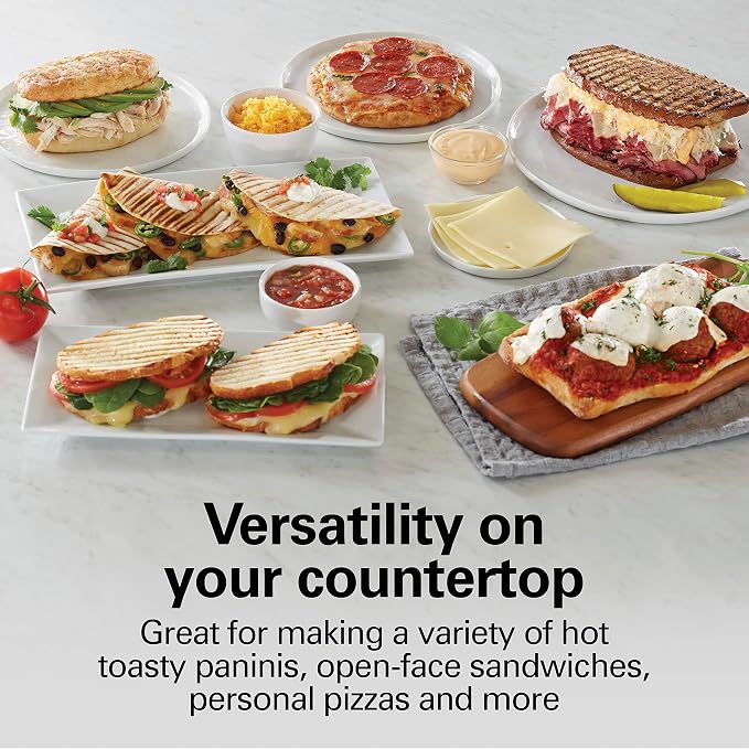 Hamilton Beach Electric Panini Press Grill with Locking Lid, Opens 180 Degrees for Any Sandwich Thickness, Nonstick 8" X 10" Grids, Red (25462Z) | Floating Hinge Evenly Cooks Any Sandwich | Locking Lid | PFAS-Free Non-Stick 8" x 10" Grids | Red