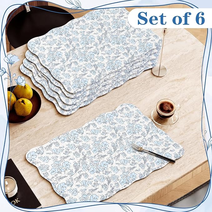 Quilted Placemats Set of 6, 18" x 13" Large Scalloped Cotton Placemat Washable Cloth Flowers Table Mats for Summer Party Kitchen Dining Farmhouse Cottagecore Decor(Blue Flower)