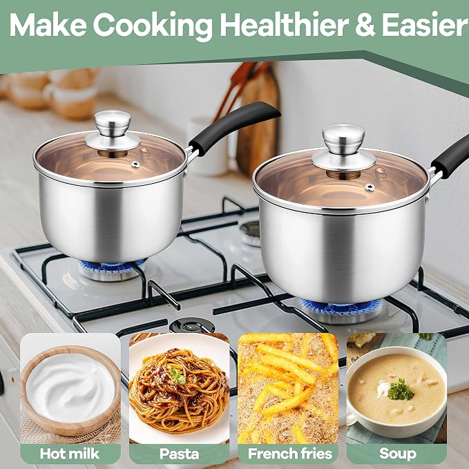 Herogo 1 Quart & 2 Quart Saucepan Set with Lid, 18/10 Stainless Steel Sauce Pan Pot, 2Qt 1Qt Saucepan for Home Kitchen Restaurant, Dishwasher Safe