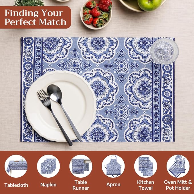 Maison d' Hermine Placemats Set of 4 Reusable 100% Cotton (13"x19") | Cloth Place Mats Washable Table Mats for Kitchen Dining Party Wedding Hotel Home Restaurant Spring Summer - Melodie Bleue